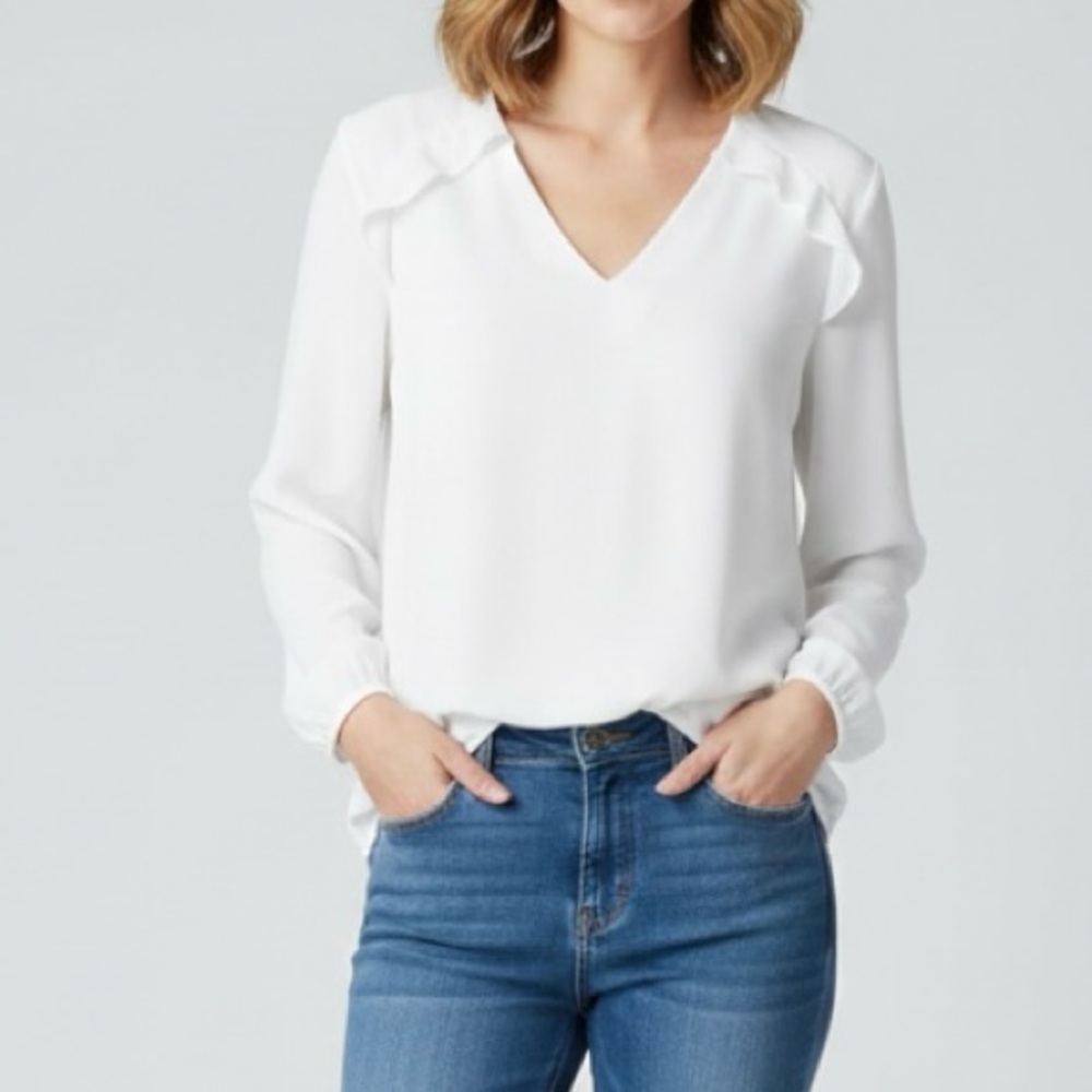 NY Collection White Ruffled Long Sleeve V-Neck Blouse Top S Quiet Luxury
